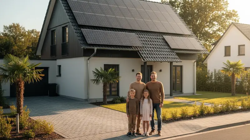 Zufriedene Familie vor ihrem Einfamilienhaus mit Solaranlage