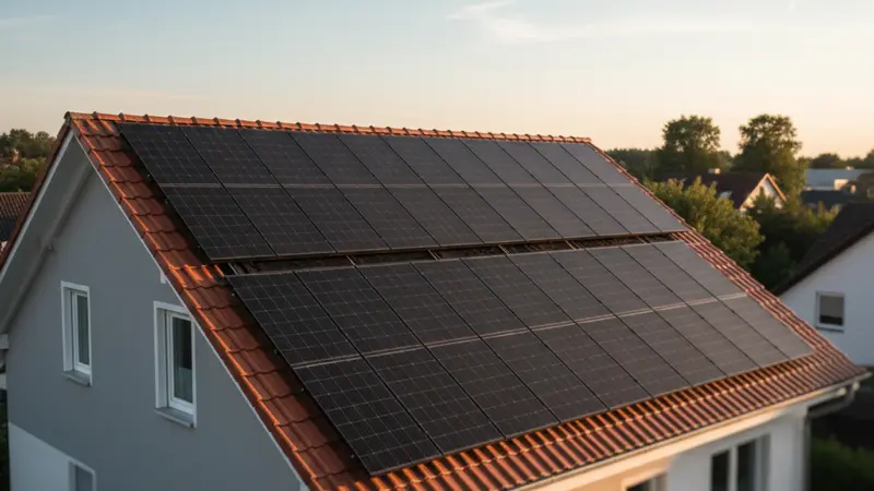 Monokristalline Solarmodule auf einem deutschen Einfamilienhaus-Dach bei Sonnenschein