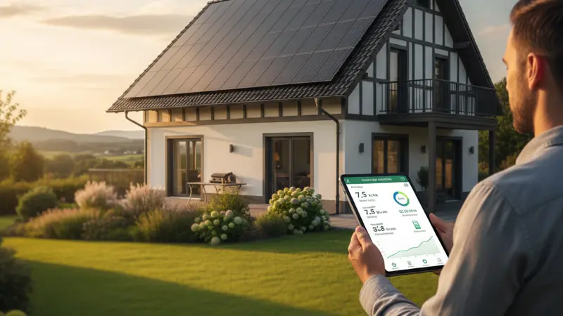 Tablet mit Solar-Monitoring-App vor einem Haus mit Solaranlage