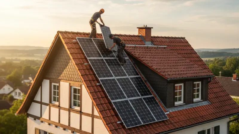Fachkraefte installieren Solarmodule auf einem Ziegeldach