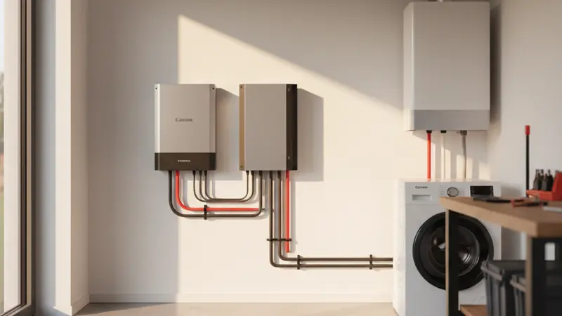 Moderner Wechselrichter und Batteriespeicher an einer Wand montiert