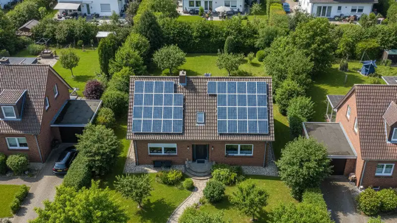 Drohnenaufnahme eines Einfamilienhauses mit Solarmodulen auf beiden Dachhaelften