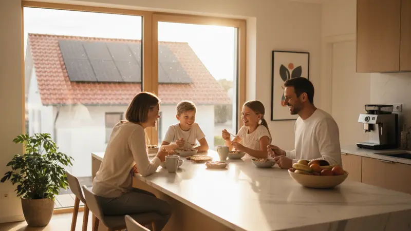Familie in einer hellen Kueche, durch das Fenster Solarmodule auf dem Dach sichtbar