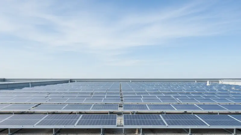 Flachdach mit aufgestaenderten Solarmodulen in Ost-West Anordnung