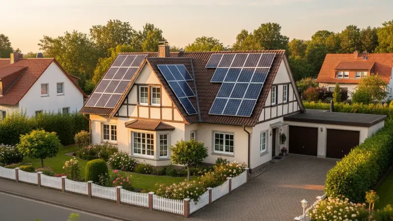 Einfamilienhaus mit Solarmodulen auf Ost- und Westseite des Satteldachs