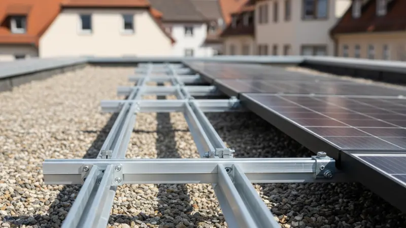 Nahaufnahme eines Ost-West Montagesystems auf einem Flachdach