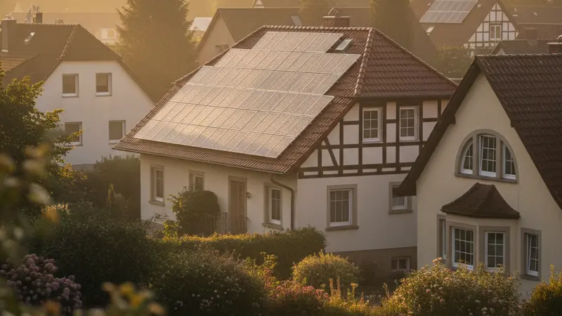 Solarmodule im fruehen Morgenlicht auf einem Hausdach