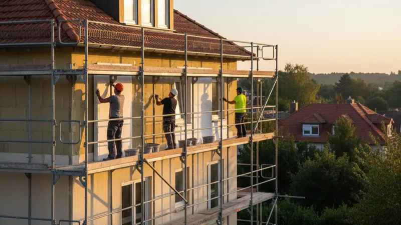 Facharbeiter bringt Wärmedämmverbundsystem an Hausfassade an mit Gerüst