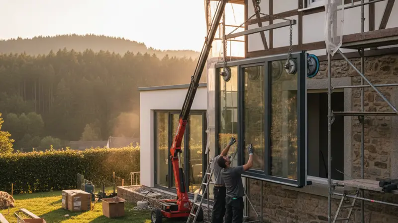 Handwerker baut moderne dreifach verglaste Fenster in saniertes Gebaeude ein