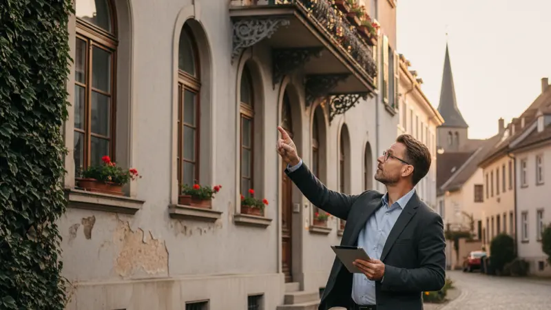 Energieberater mit Tablet bei der Inspektion einer Hausfassade für den Sanierungsfahrplan