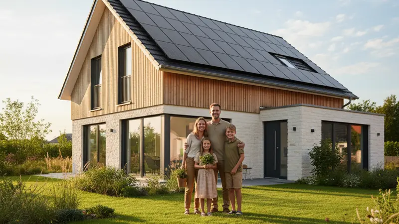 Familie vor ihrem energetisch sanierten Einfamilienhaus mit Solaranlage auf dem Dach