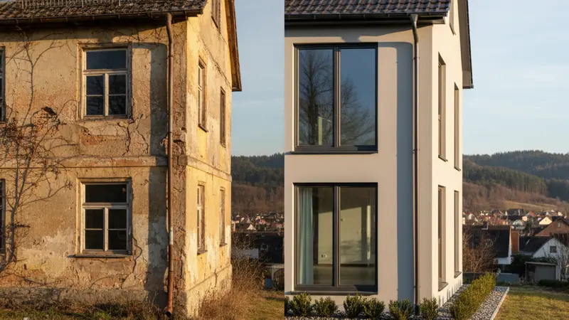 Vorher-Nachher-Vergleich einer energetischen Haussanierung