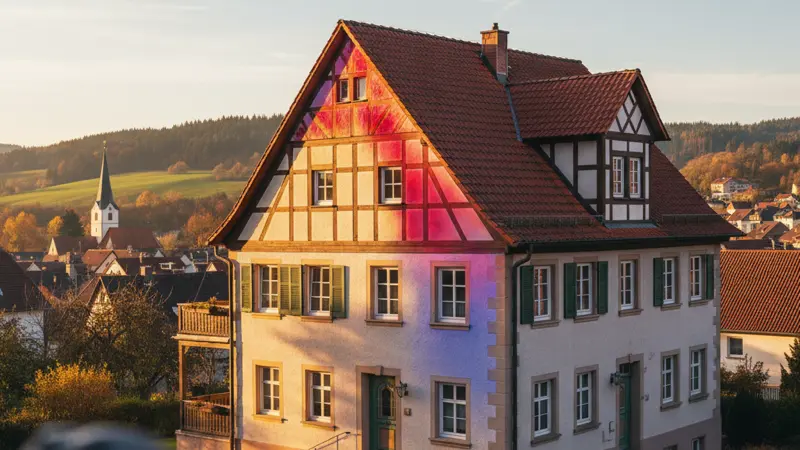 Wärmebildaufnahme einer Hausfassade zeigt Energieverluste an Fenstern und Wärmebrücken