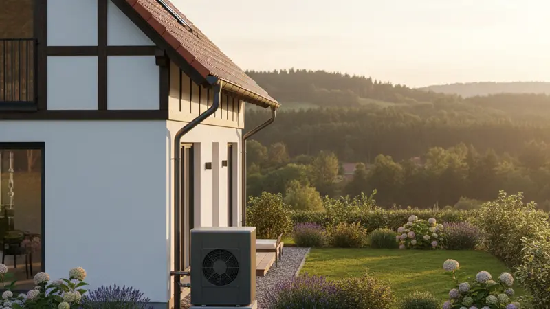 Moderne Luft-Wasser-Wärmepumpe an der Außenseite eines sanierten Einfamilienhauses