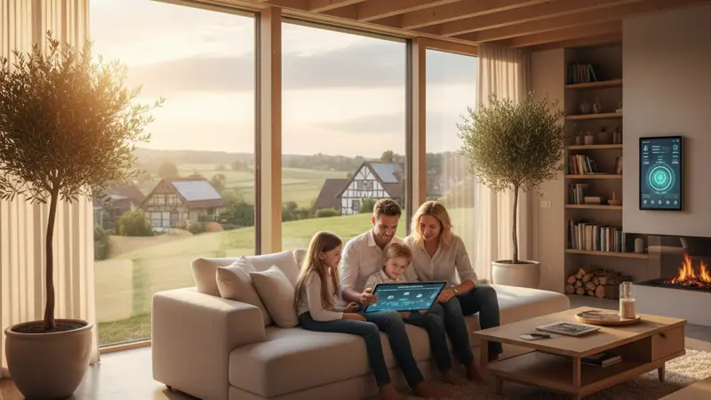 Familie schaut auf Tablet mit Energieverbrauchsdaten