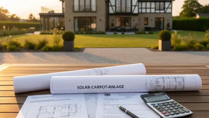Bauplanunterlagen und Genehmigungsdokumente für einen Solar Carport auf einem Schreibtisch
