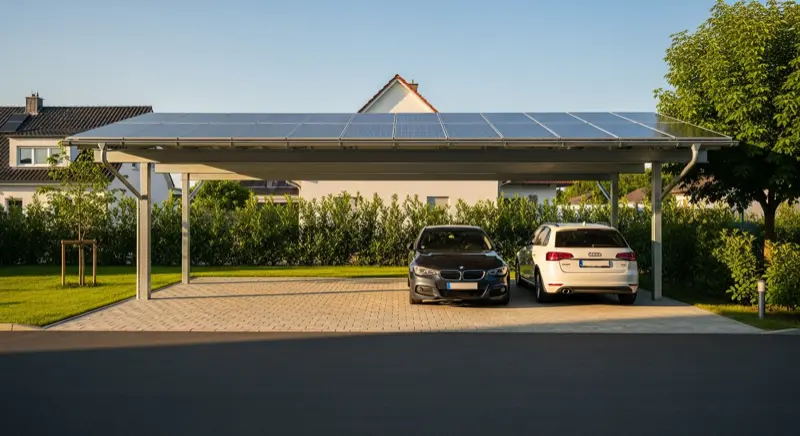 Moderner Solar Carport mit Photovoltaikmodulen und zwei Autos darunter in einem deutschen Wohngebiet