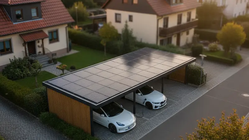 Luftaufnahme eines Solar Carports mit vollständiger Modulabdeckung in einem Wohngebiet
