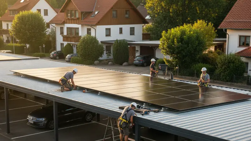 Facharbeiter installieren Solarmodule auf einem Carport-Gestell aus Aluminium