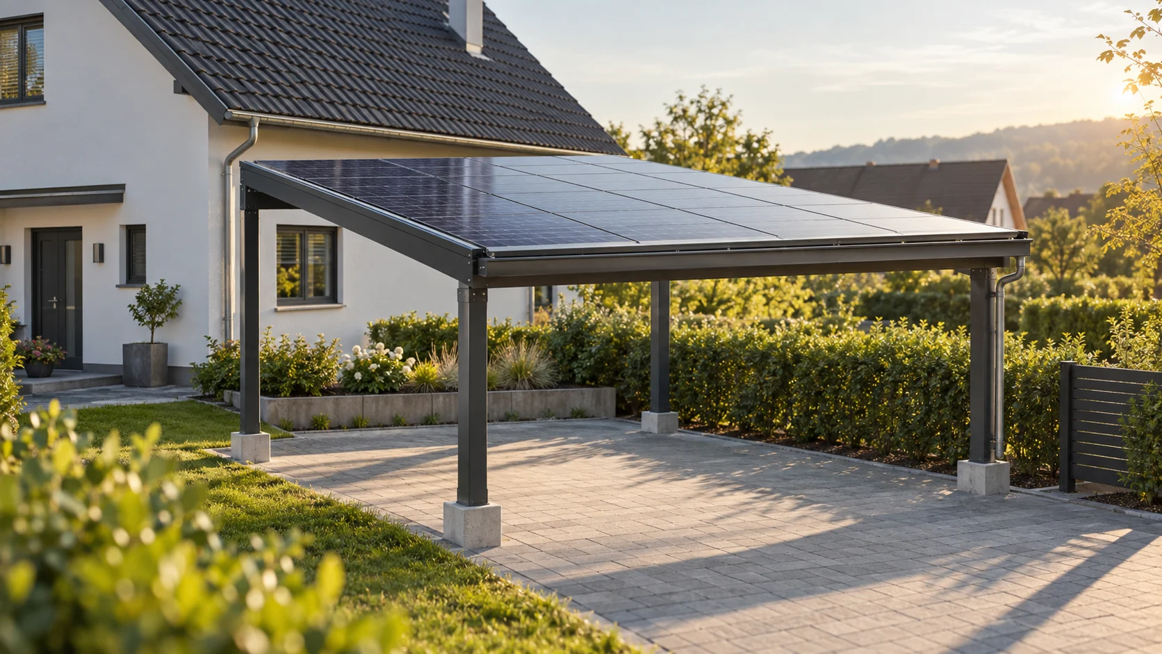 Menschenleerer Solar-Carport mit Photovoltaikdach neben einem deutschen Einfamilienhaus