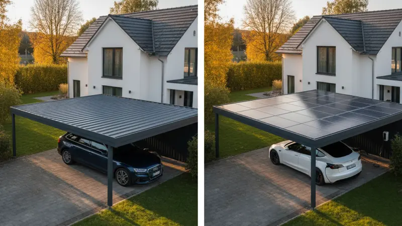 Vergleich eines Standard-Carports mit einem Solar Carport nebeneinander