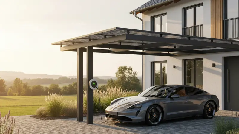 Solar Carport mit integrierter Wallbox-Ladestation und angeschlossenem Elektroauto
