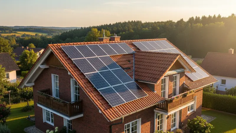 Solaranlage auf einem deutschen Einfamilienhaus bei Sonnenschein
