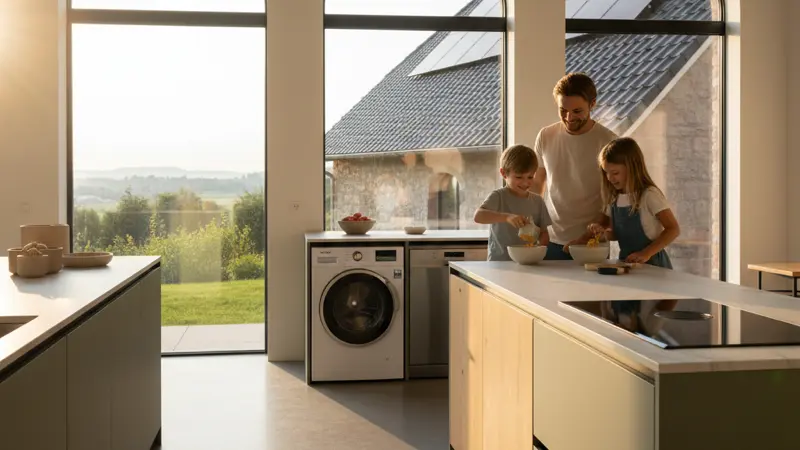 Familie nutzt Haushaltsgeräte während der Sonnenstunden für optimalen Eigenverbrauch