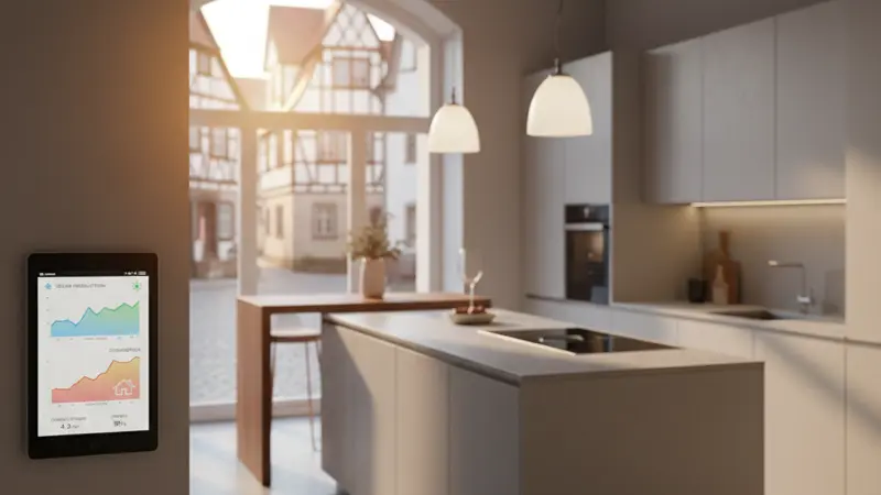 Smart Home Energiemanagement Tablet zeigt Solarproduktion und Verbrauchskurven