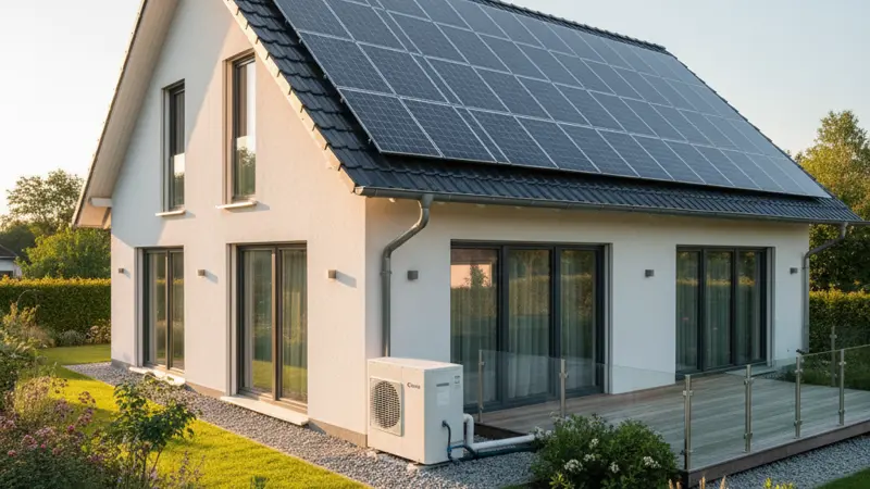 Wärmepumpe vor einem Haus mit Solaranlage auf dem Dach