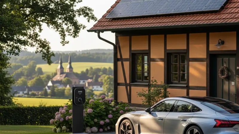 Elektroauto laedt an einer Wallbox neben einem Haus mit Solaranlage