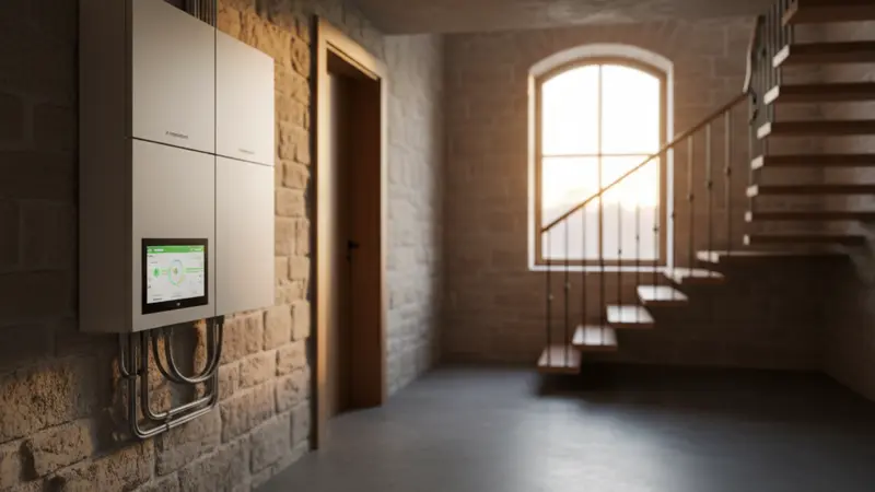 Moderner Lithium-Ionen-Batteriespeicher an der Wand eines deutschen Hauskellers installiert