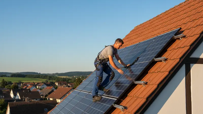 Professioneller Solarinstallateur montiert PV-Module auf einem deutschen Hausdach