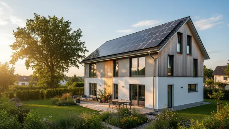Modernes deutsches Einfamilienhaus mit Solaranlage auf dem Dach bei blauem Himmel