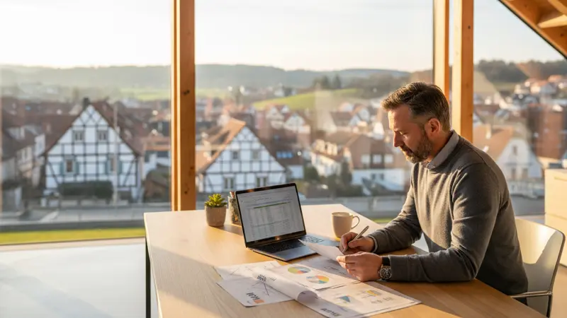 Eigenheimbesitzer prüft KfW-Förderunterlagen am Schreibtisch mit Laptop