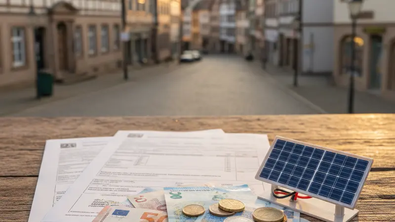 Euro-Geldscheine und Münzen neben einem Solaranlagen-Modell als Symbol für die MwSt-Ersparnis