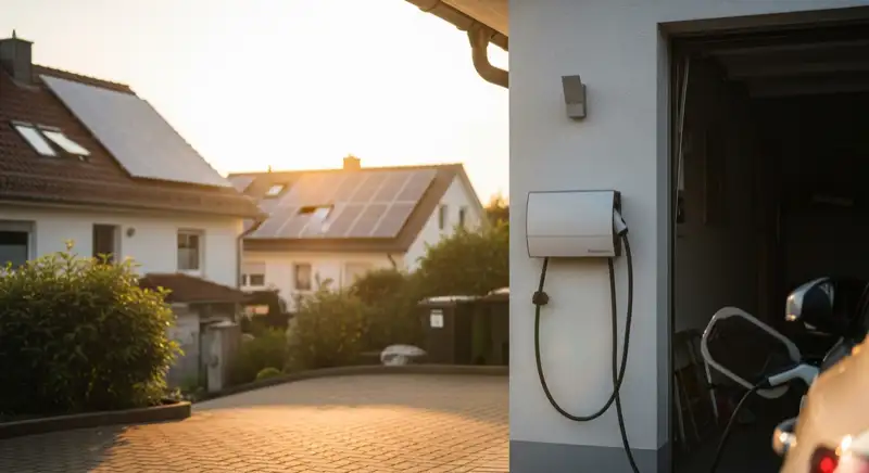 Deutsche Garageneinfahrt mit privater Wallbox, sauber verlegtem Ladekabel und Solarmodulen auf dem Dach