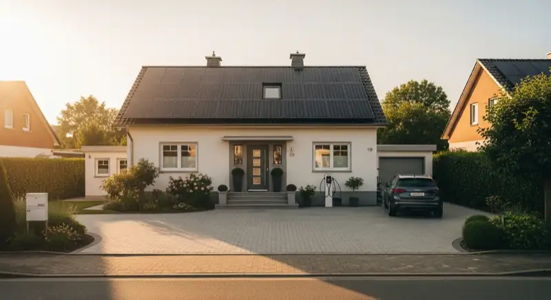 Großes Photovoltaikdach auf einem deutschen Einfamilienhaus mit breiter Einfahrt und Ladeplatz