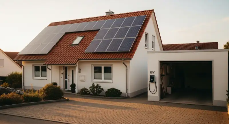 Deutsches Einfamilienhaus mit Photovoltaikdach, Garage und privater Wallbox am Stellplatz