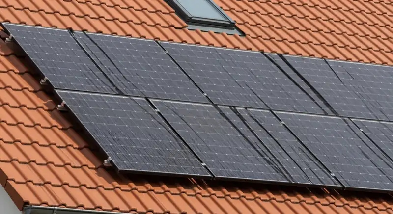 Photovoltaikmodule in geraden Reihen auf einem deutschen Ziegeldach