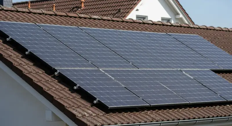 Photovoltaikmodule auf Montageschienen eines deutschen Ziegeldachs