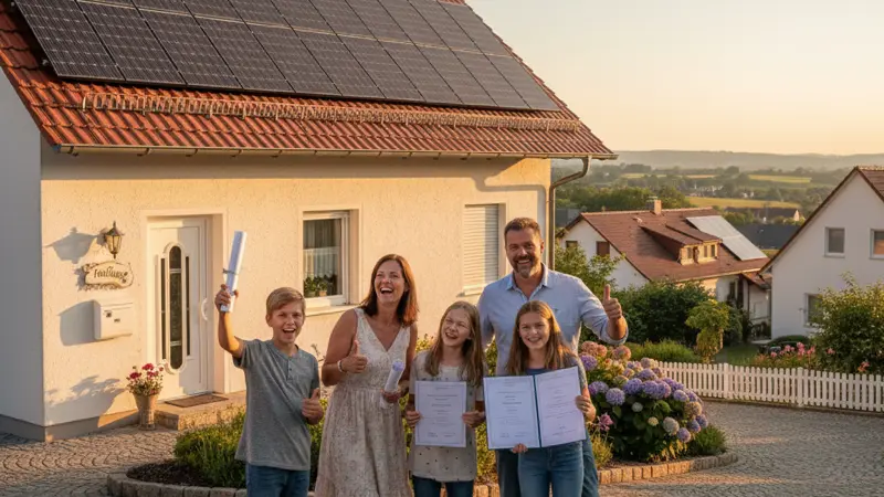Familie vor ihrem Haus mit fertig installierter Solaranlage auf dem Dach