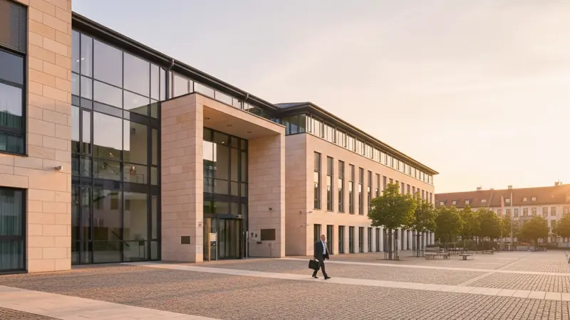Deutsches Finanzamtsgebäude mit modernem Eingangsbereich