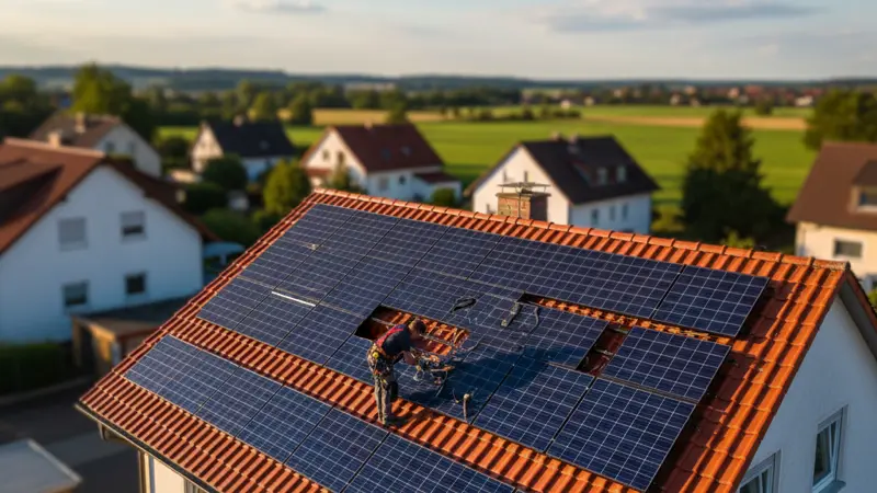 Solaranlage auf einem deutschen Einfamilienhaus mit Ziegeldach und Installateur bei der Montage