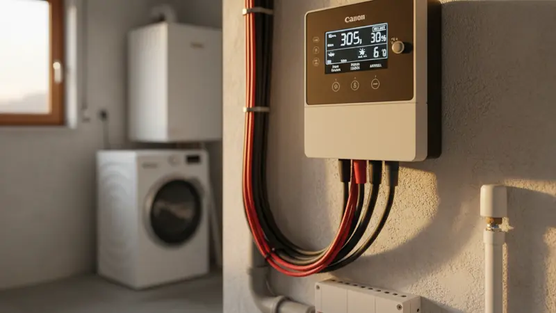 Digitaler Zweirichtungszähler an einer Hauswand für die Messung von Strombezug und Einspeisung