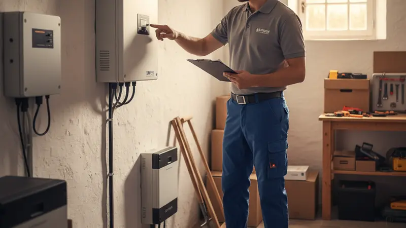 Solartechniker prüft Wechselrichter bei der Inbetriebnahme einer Solaranlage