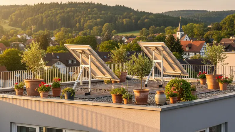 Solarmodule auf Aufstellständern auf einem Flachdach mit Pflanzen drumherum bei sonnigem Wetter