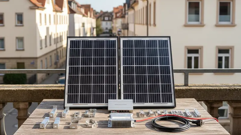 Komplettes Balkonkraftwerk-Set mit zwei Solarmodulen, Wechselrichter, Montagematerial und Kabeln auf einem Tisch