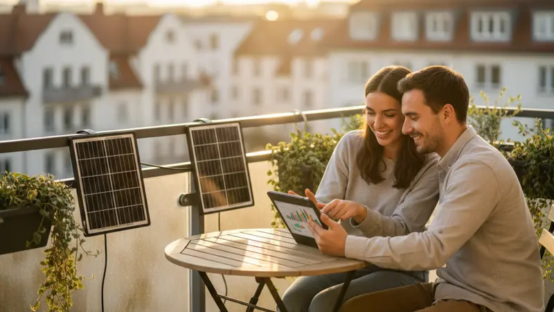 Paar auf dem Balkon schaut auf ein Tablet mit Solarertrags-Grafik, Solarmodule im Hintergrund