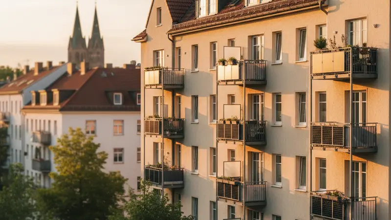 Deutsches Mehrfamilienhaus mit mehreren Balkonen, an denen Solarmodule montiert sind